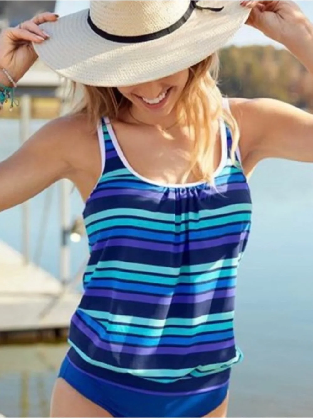 VENUS Blouson Tankini Top Blue Stripe Swim Top Size 10 NWOT